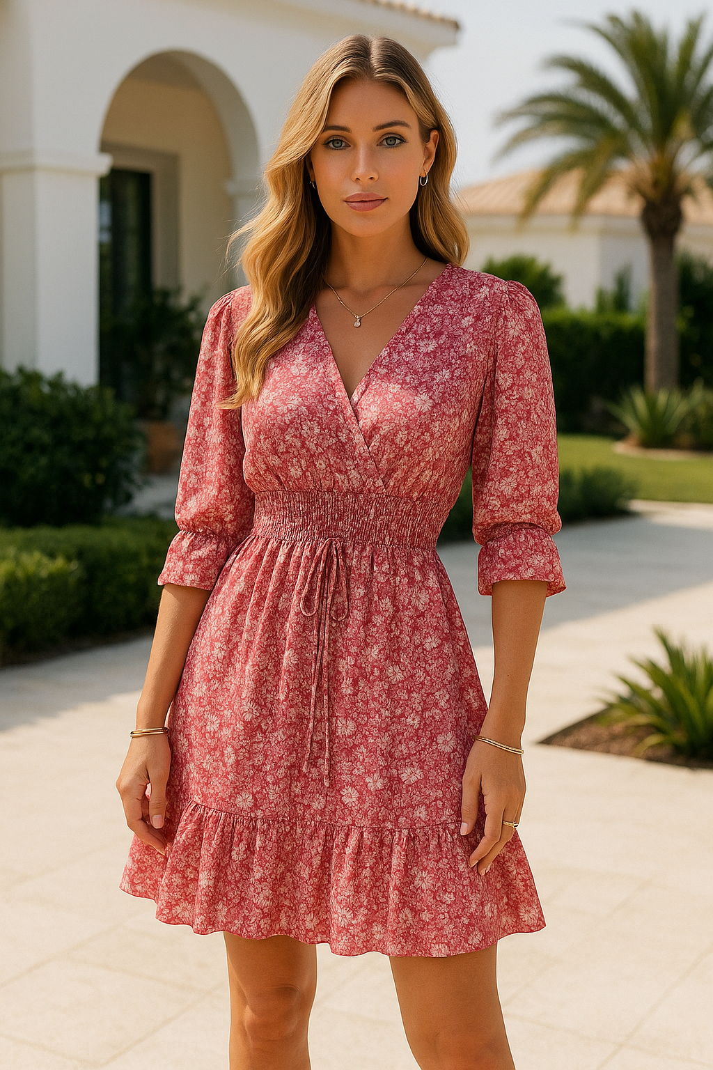 Ditsy Floral Wrap V-Neck Smocked Waist Three-Quarter Sleeve Ruffle Hem Mini Dress