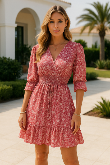 Ditsy Floral Wrap V-Neck Smocked Waist Three-Quarter Sleeve Ruffle Hem Mini Dress