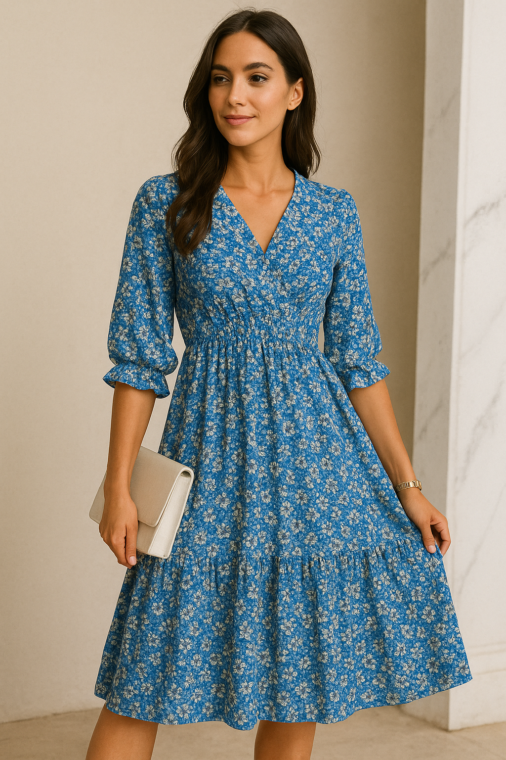 Ditsy Floral Wrap V-Neck Smocked Waist Three-Quarter Sleeve Ruffle Hem Mini Dress