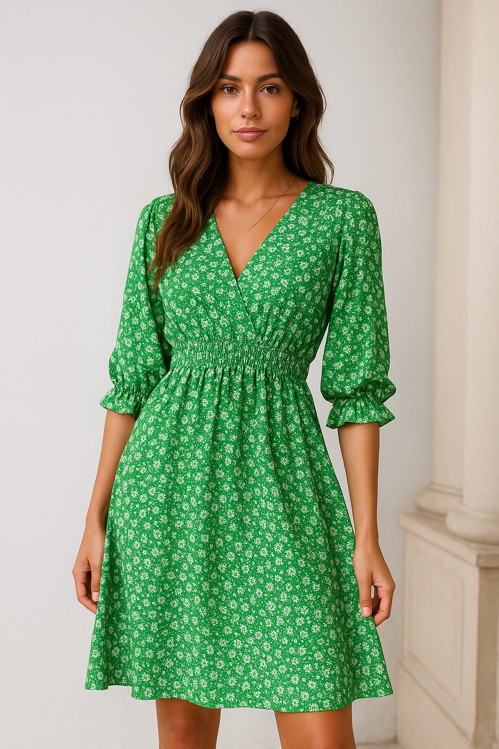 Ditsy Floral Wrap V-Neck Smocked Waist Three-Quarter Sleeve Ruffle Hem Mini Dress