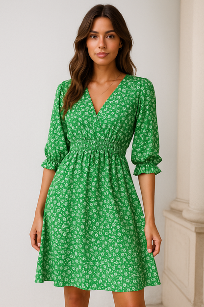 Ditsy Floral Wrap V-Neck Smocked Waist Three-Quarter Sleeve Ruffle Hem Mini Dress