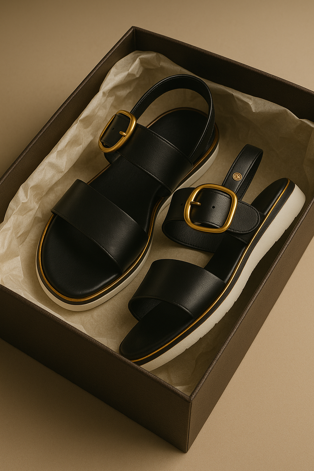 | Gold-Buckle Strap Sandals