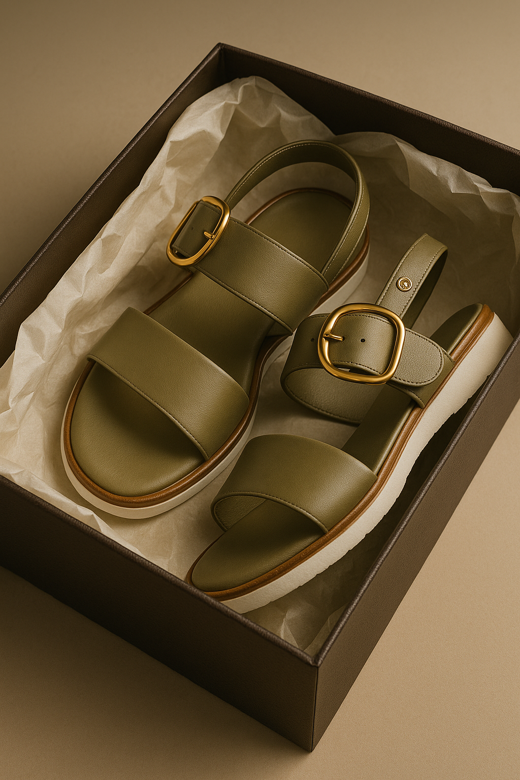 | Gold-Buckle Strap Sandals