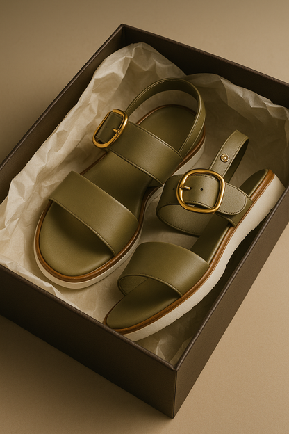 | Gold-Buckle Strap Sandals