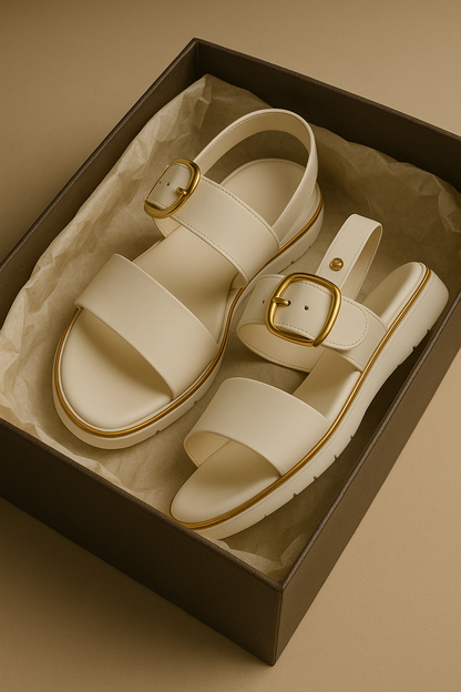 | Gold-Buckle Strap Sandals