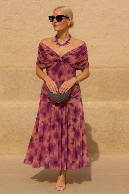 Women's Deep V-Neck Floral Midi Dress – Elegant Cocktail Party Fit
