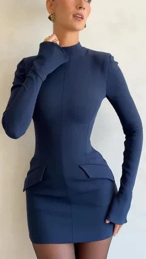 Mock Neck Padded Shoulder Hip Flap Bodycon Mini Dress