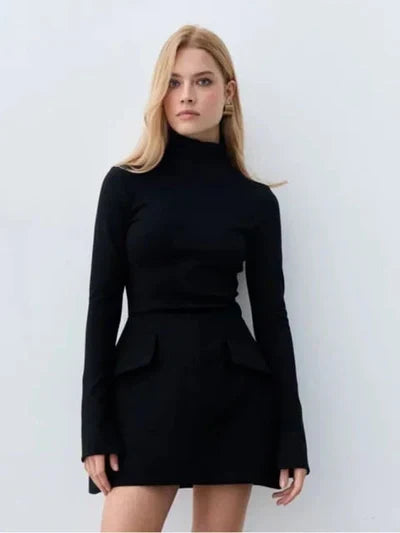 Mock Neck Padded Shoulder Hip Flap Bodycon Mini Dress