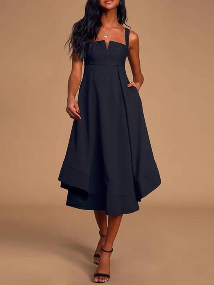 Square Neck Cut Out Wide Strap Tiered Handkerchief Hem Empire Waist Midi Dress