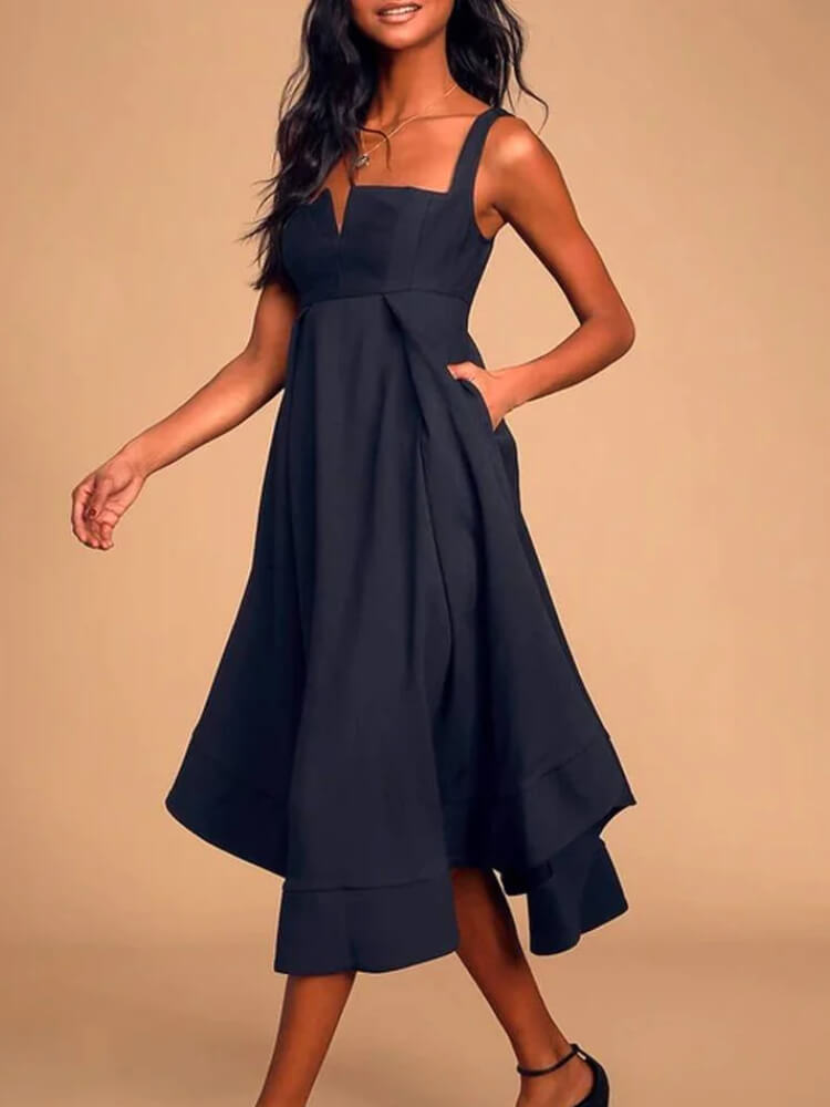 Square Neck Cut Out Wide Strap Tiered Handkerchief Hem Empire Waist Midi Dress