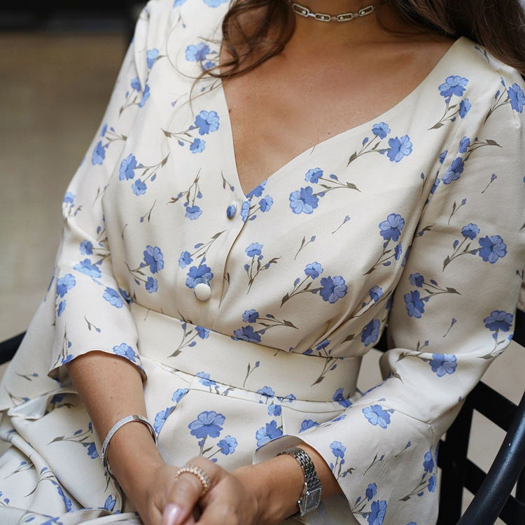 French v-neck floral midi dress for women