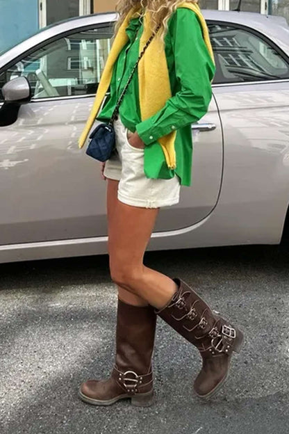 Chunky Heel Buckle Moto Boots