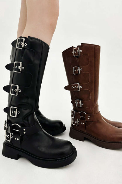Chunky Heel Buckle Moto Boots