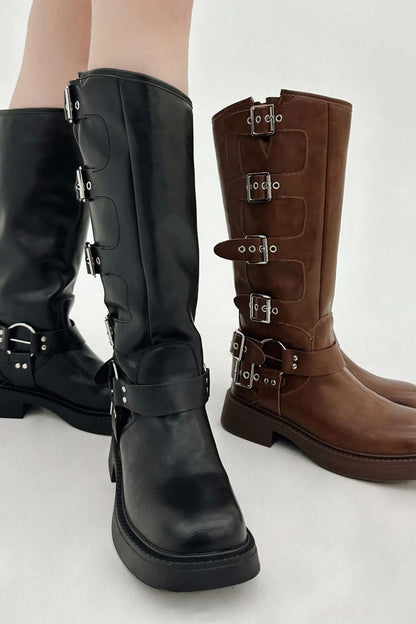 Chunky Heel Buckle Moto Boots
