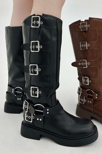 Chunky Heel Buckle Moto Boots