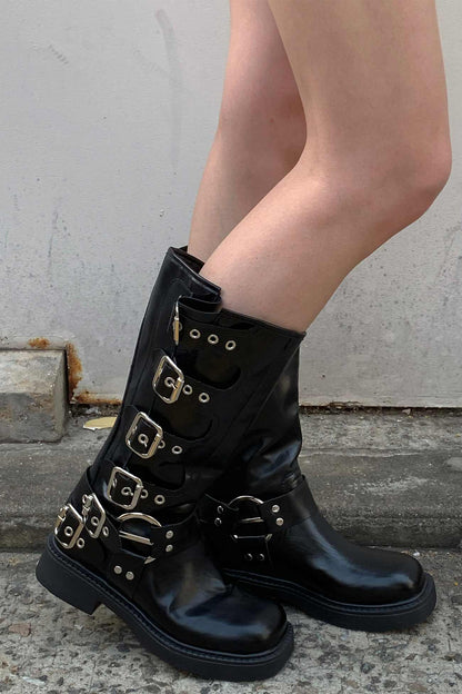 Chunky Heel Buckle Moto Boots
