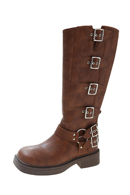 Chunky Heel Buckle Moto Boots