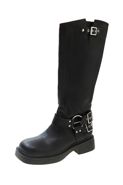 Chunky Heel Buckle Moto Boots