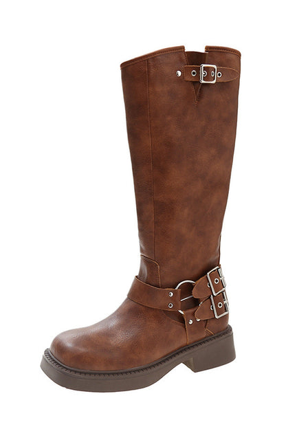 Chunky Heel Buckle Moto Boots