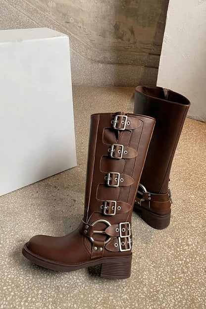 Chunky Heel Buckle Moto Boots