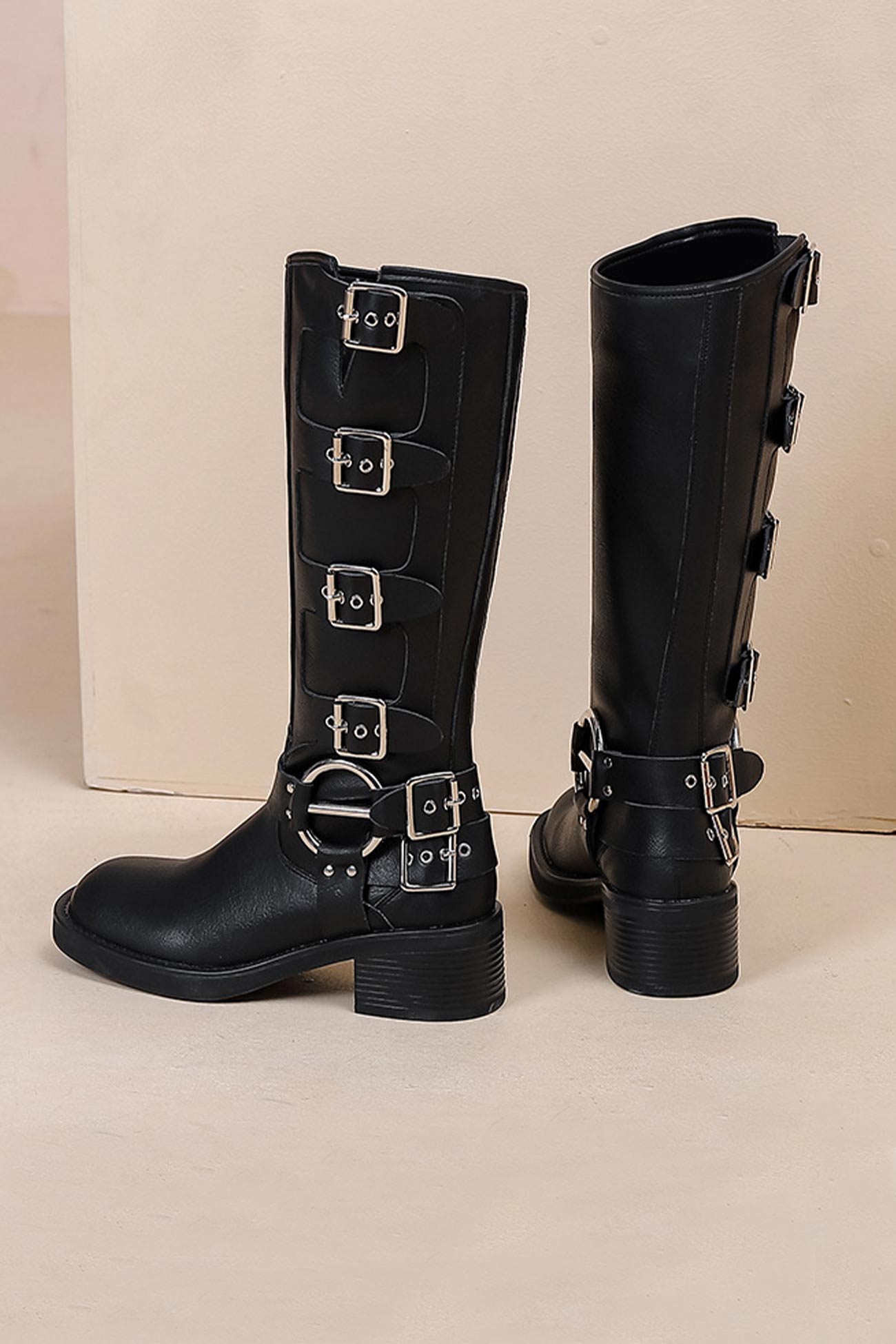 Chunky Heel Buckle Moto Boots