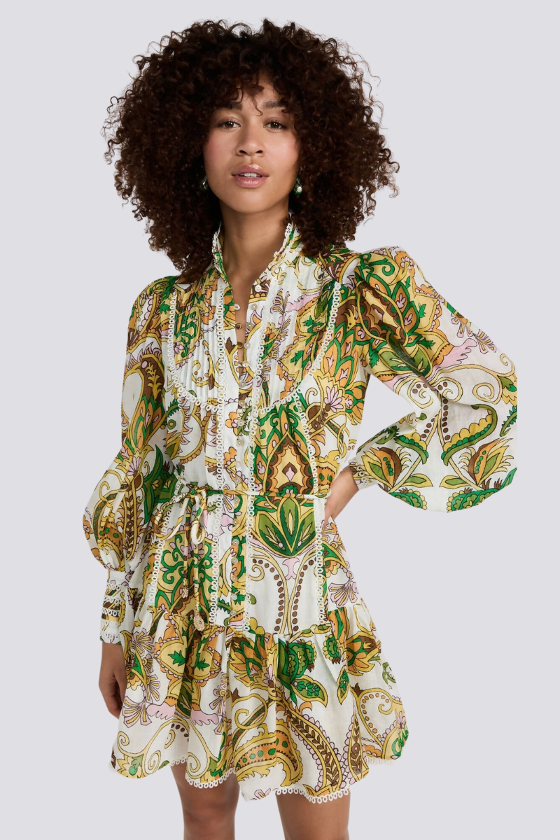 Paisley Print Ruffle Collar Button Front Eyelet Trim Balloon Sleeve Tie Waist Mini Dress