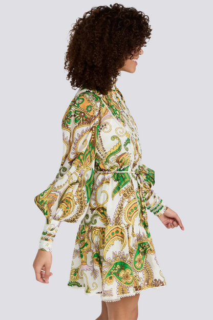Paisley Print Ruffle Collar Button Front Eyelet Trim Balloon Sleeve Tie Waist Mini Dress