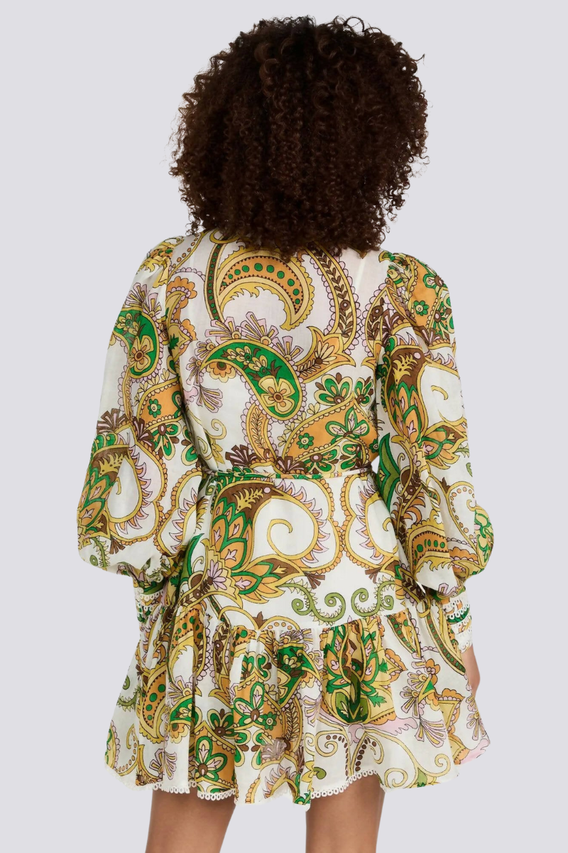 Paisley Print Ruffle Collar Button Front Eyelet Trim Balloon Sleeve Tie Waist Mini Dress