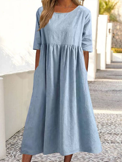 Crew Neck Half Sleeve Gathered Waist Pocket Midi Dress