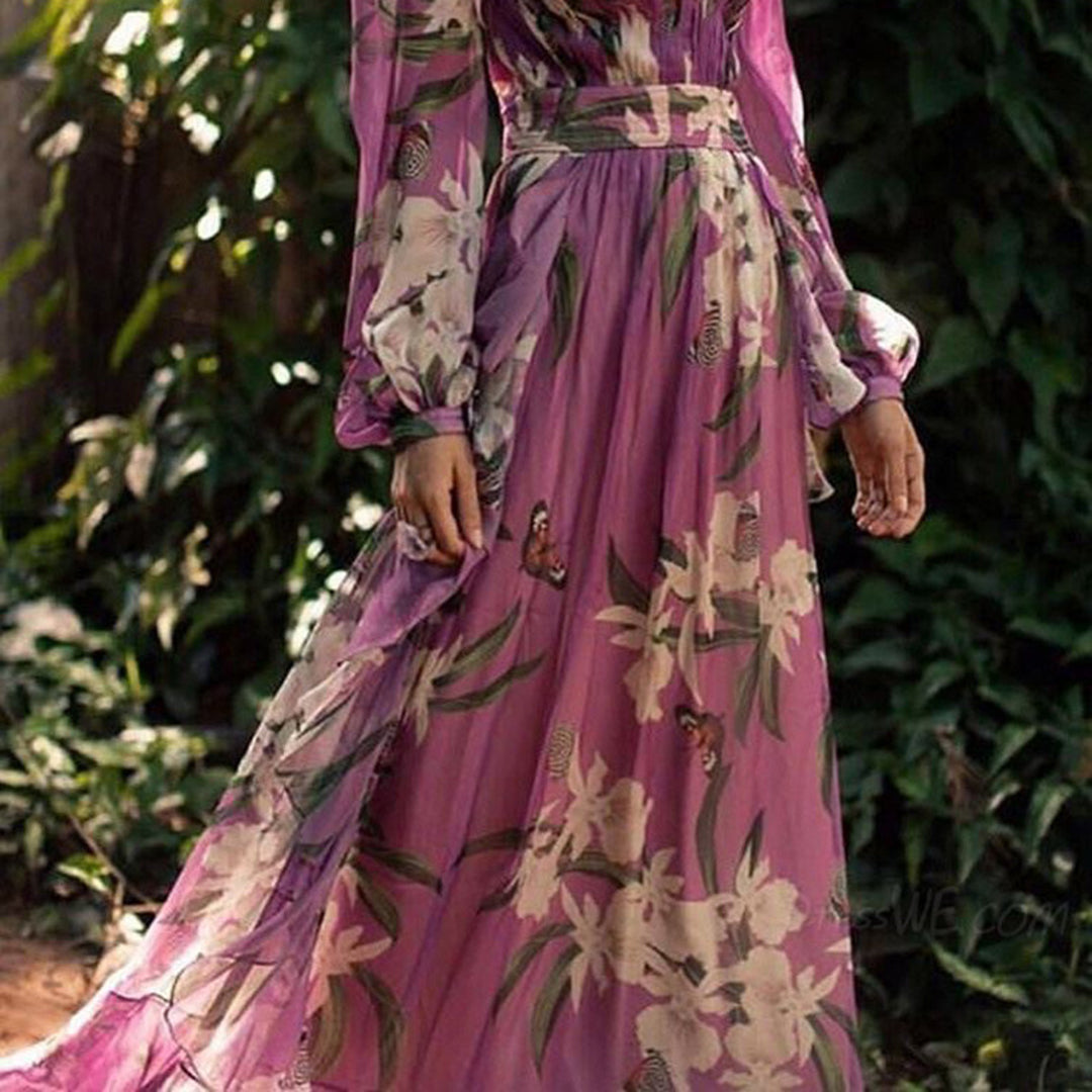 Lily Butterfly Print Plunging V-Neck Bishop Sleeve Belted Maxi Dress