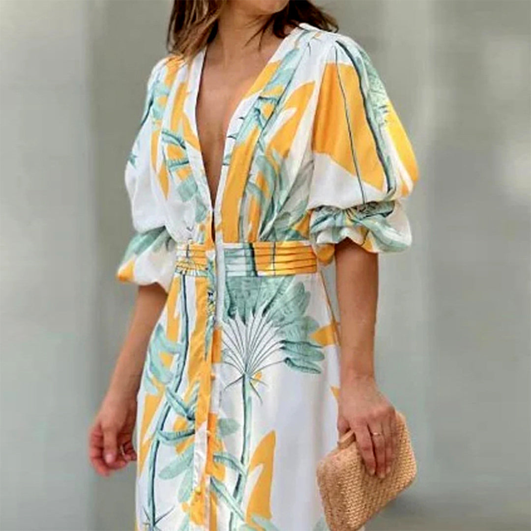Tropical Palm Print Plunging V-Neck Puff Sleeve Button-Front Maxi Dress