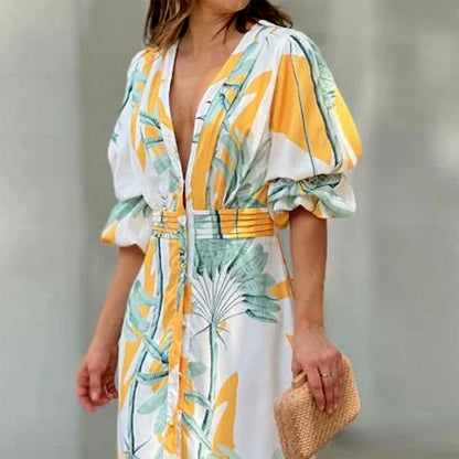 Tropical Palm Print Plunging V-Neck Puff Sleeve Button-Front Maxi Dress