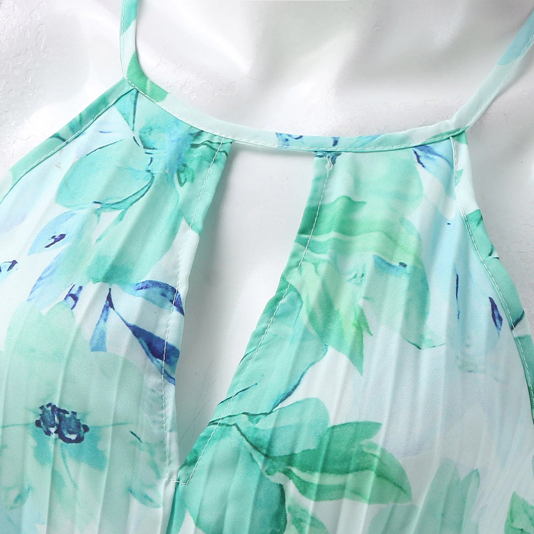 Floral Print Halter Keyhole Neck Pleated Asymmetric Hem Midi Dress