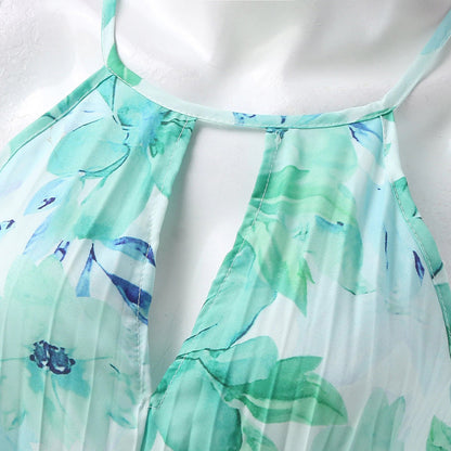 Floral Print Halter Keyhole Neck Pleated Asymmetric Hem Midi Dress