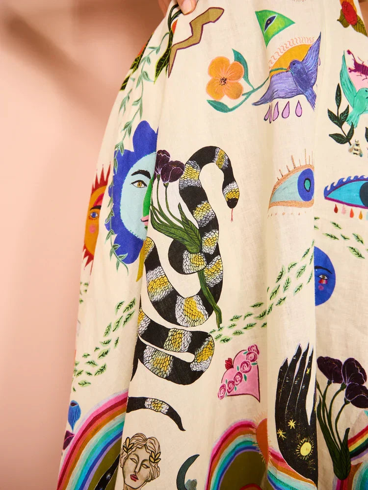 Spaghetti Strap Square Neck Surrealist Graphic Print Empire Waist Pocket Maxi Dress