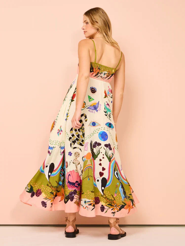 Spaghetti Strap Square Neck Surrealist Graphic Print Empire Waist Pocket Maxi Dress