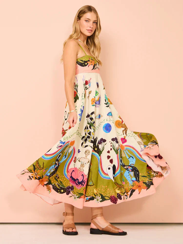 Spaghetti Strap Square Neck Surrealist Graphic Print Empire Waist Pocket Maxi Dress