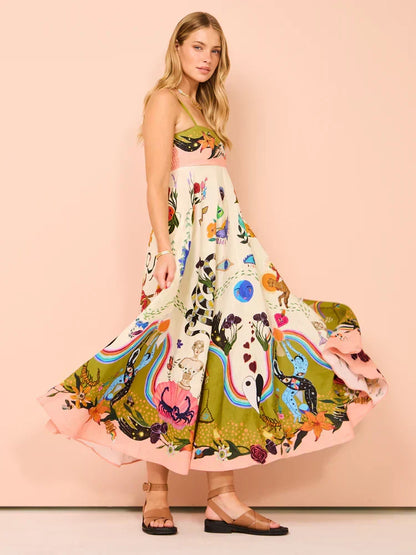 Spaghetti Strap Square Neck Surrealist Graphic Print Empire Waist Pocket Maxi Dress