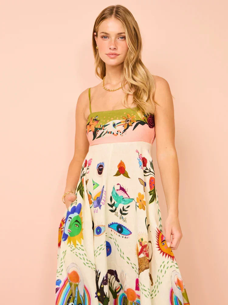Spaghetti Strap Square Neck Surrealist Graphic Print Empire Waist Pocket Maxi Dress