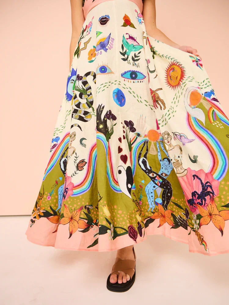 Spaghetti Strap Square Neck Surrealist Graphic Print Empire Waist Pocket Maxi Dress