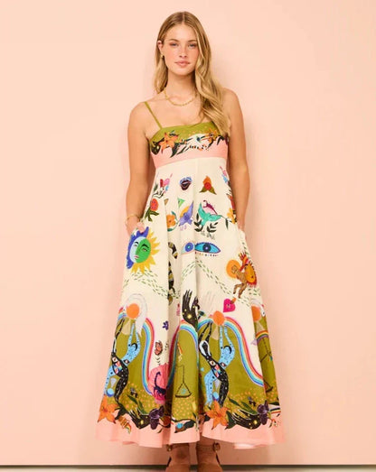 Spaghetti Strap Square Neck Surrealist Graphic Print Empire Waist Pocket Maxi Dress