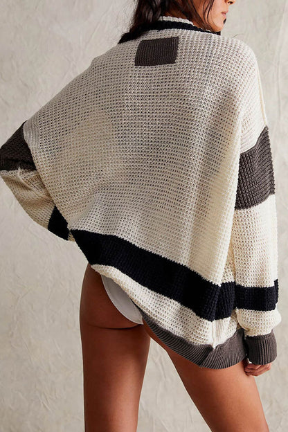 Color Splicing Button-down Cardigan
