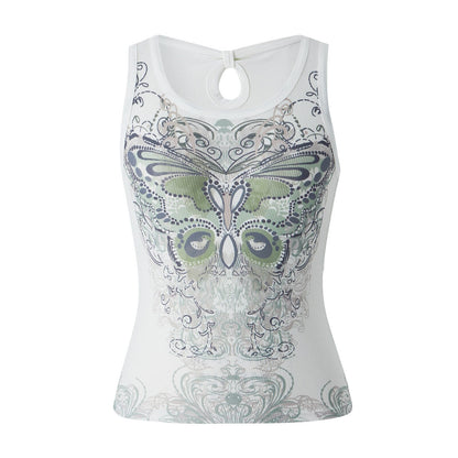 DressBetty - Slim Knitted Vest White Sleeveless O Neck Butterfly Vintage Print Tank Crop Tops