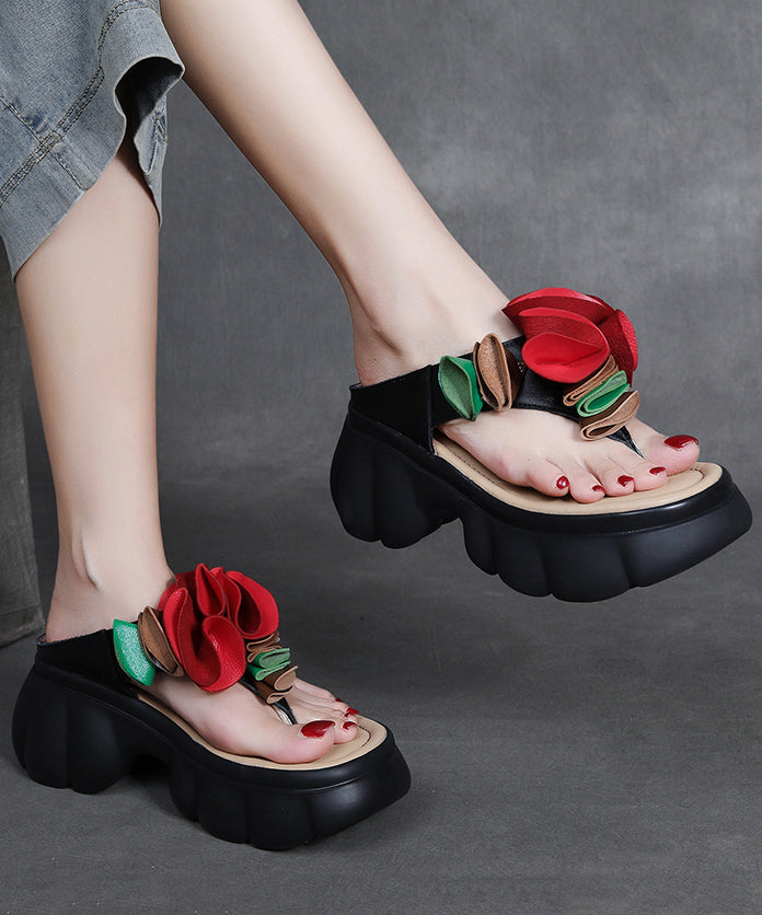Comfortable Splicing Floral Platform Flip Flops Black Faux Leather