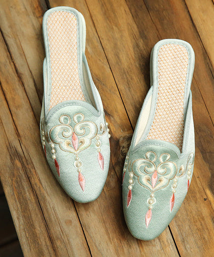 Comfy Light Green Embroideried Pearl Cotton Fabric Slide Sandals