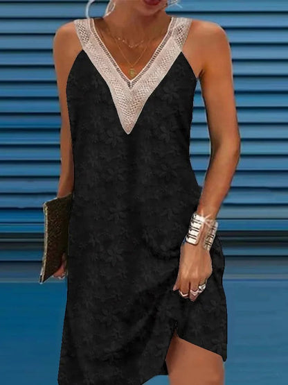 Crochet Trim Floral Embroidery Sleeveless Deep V-Neck Shift Mini Dress