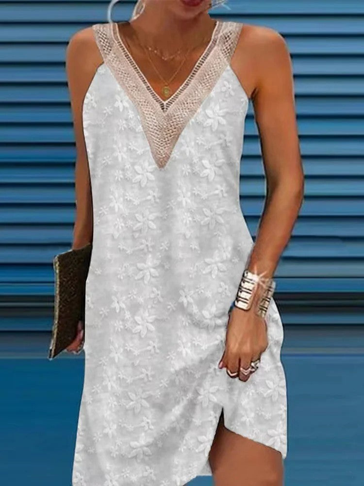 Crochet Trim Floral Embroidery Sleeveless Deep V-Neck Shift Mini Dress