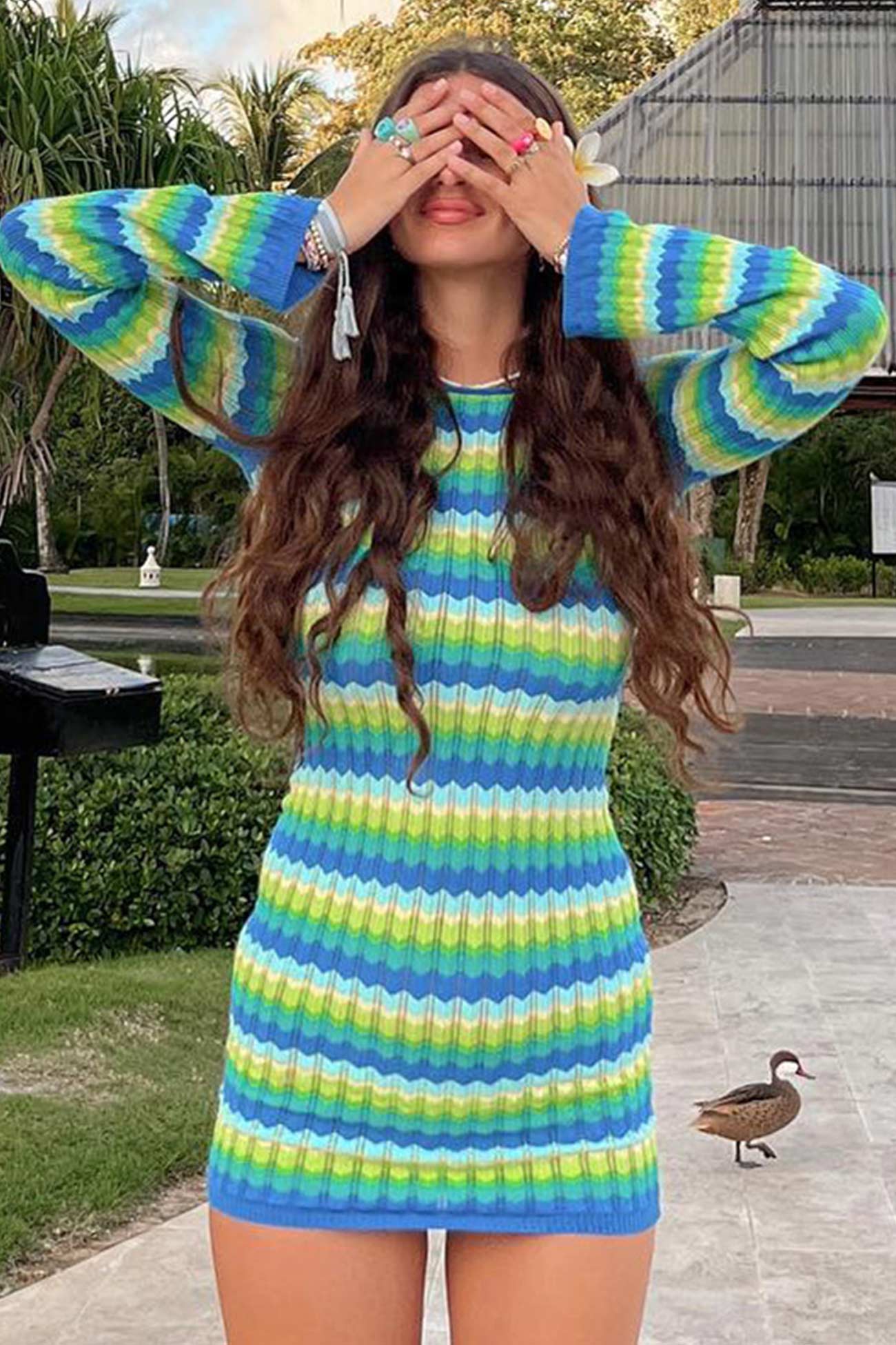 Chevron Stripe Rib Knit Crew Neck Flare Cuff Mini Dress