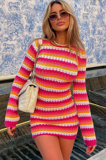 Chevron Stripe Rib Knit Crew Neck Flare Cuff Mini Dress