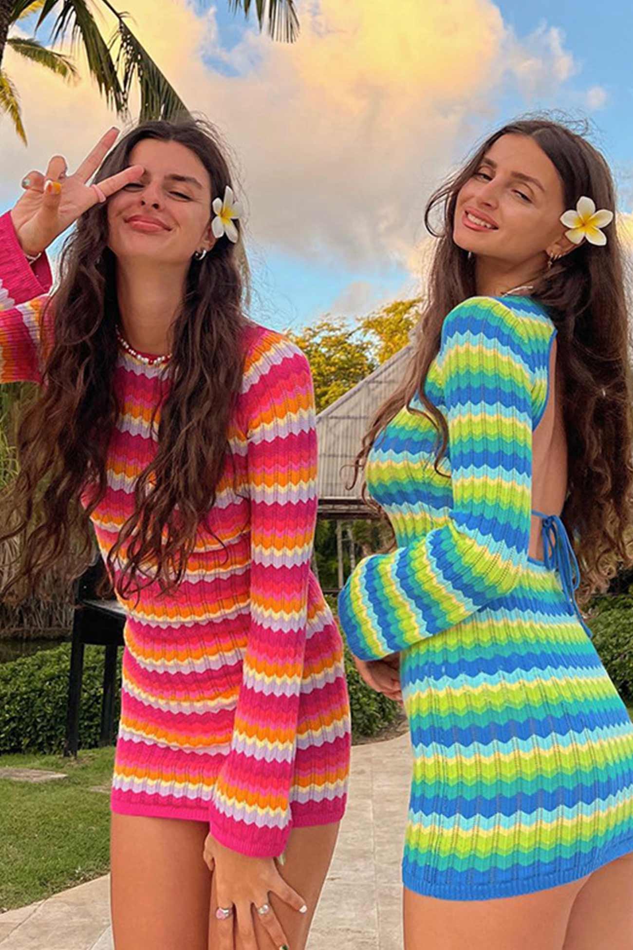 Chevron Stripe Rib Knit Crew Neck Flare Cuff Mini Dress